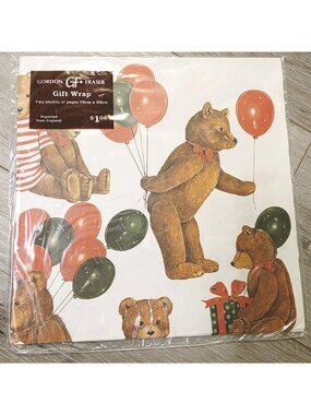 Vtg Anthropomorphic Brown Teddy Bears Red Green Balloons Wrapping Paper Crafts